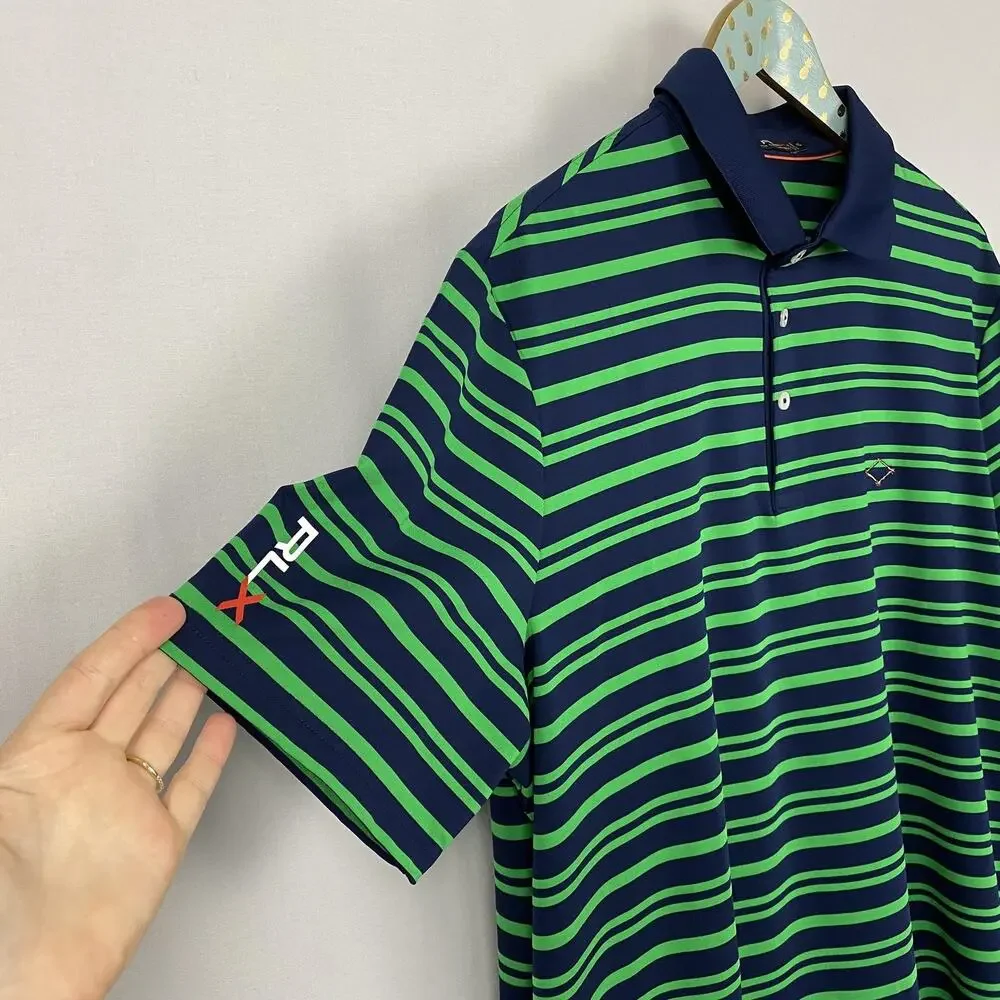 RLX Ralph Lauren Polo Shirt Mens Extra Large Navy Green Striped Golf Performance